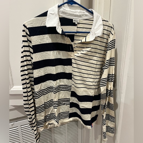 KULE Tops - KULE Black and White Striped Long Sleeve Polo